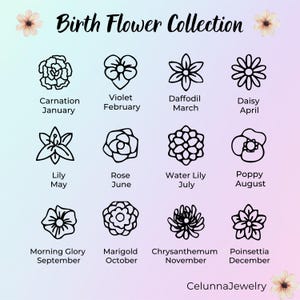 May include: A Birth Flower Collection graphic with 12 different flower illustrations, each representing a month. The flowers include carnation, violet, daffodil, daisy, lily, rose, water lily, poppy, morning glory, marigold, chrysanthemum, and poinsettia.