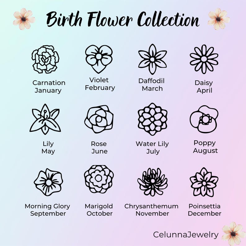 May include: A Birth Flower Collection graphic with 12 different flower illustrations, each representing a month. The flowers include carnation, violet, daffodil, daisy, lily, rose, water lily, poppy, morning glory, marigold, chrysanthemum, and poinsettia.