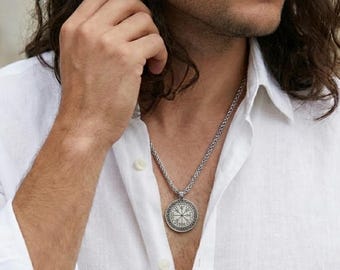 925 Sterling Silver Vegvisir Viking Compass Necklace for Men | Norse Protection Amulet Pendant | Viking Jewelry Christmas Gift for Him