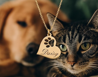 Custom Paw Print Heart Necklace–Personalized Dog Cat Memorial Jewelry, Pet Name Gift for Her, Gold Silver Paw Heart Necklace, Christmas Gift