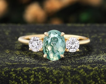 Oval Moss Agate Engagement Ring, Vintage Yellow Gold Bridal Ring, Three Stone Anniversary Gifts