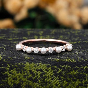 Akoya Pearl Wedding Band, Rose Gold Matching Ring, Unique Stackable Ring, Moissanite/Diamond Ring, Dainty Bridal Ring Anniversary Ring Women