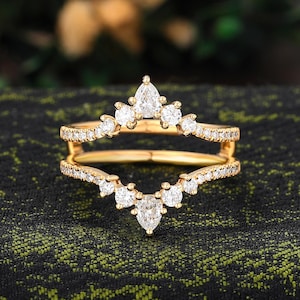 Yellow Gold Pear Lab-Grown Diamond Ring Guard - Bridal Double Band Enhancer