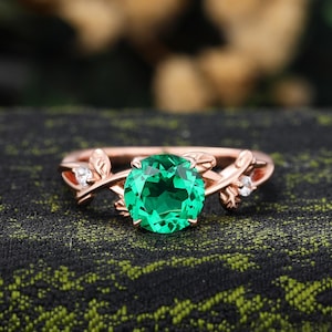 Vintage Lab Emerald Engagement Ring, Rose Gold Round Cut Wedding Ring, Nature Inspired Leaf Ring, Moissanite/Diamond Twist Bridal Ring Women