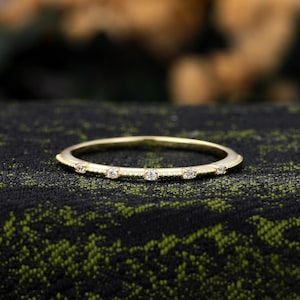 Milgrain Half Eternity Wedding Band, Dainty Yellow Gold Stackable Ring, Unique Matching Band, Five Stone Moissanite/Diamond Promise Ring Her