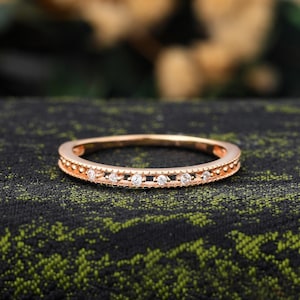 Rose Gold Milgrain Ring, Half Eternity Wedding Band, Vintage Stackable Ring, Unique Matching Band, Moissanite/Diamond Anniversary Ring Women