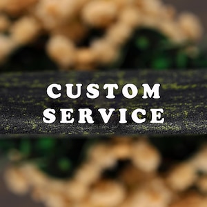 May include: The image displays the text "CUSTOM SERVICE" in white, prominently placed against a dark, textured backdrop. The background is blurred, with green and beige tones. The composition suggests a focus on customer support or bespoke offerings.