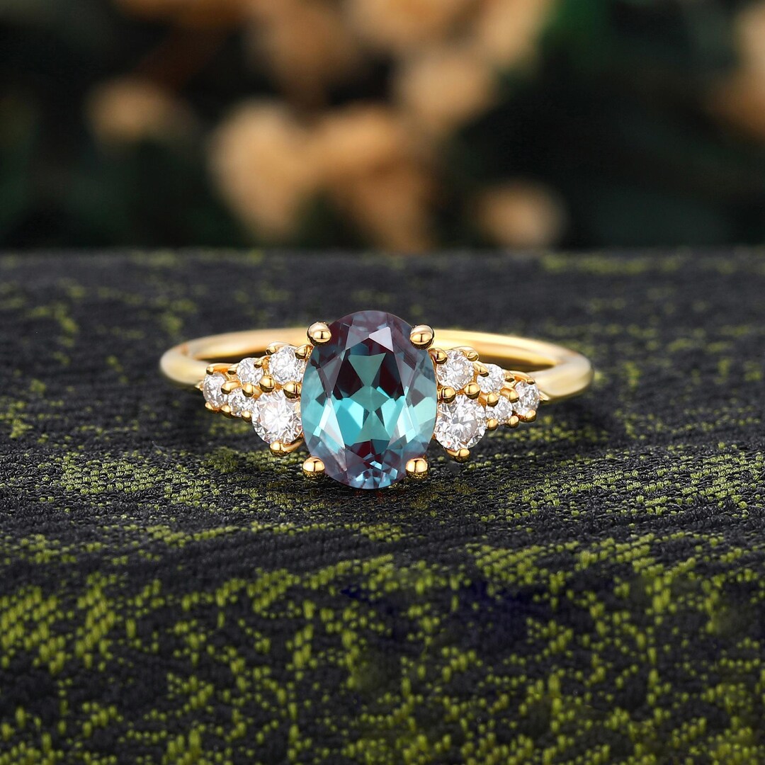 Oval Cut Lab Alexandrite Ring, Diamond Cluster Engagement Ring, Vintage ...