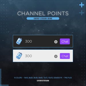 Może przedstawiać: Cyfrowy projekt graficzny z tekstem "CHANNEL POINTS" i "ENERGY STREAM DRINK". Dwa prostokątne przyciski wyświetlają ikonę puszki po napoju, liczbę 300, ikonę koła zębatego i fioletowy przycisk "Chat". Projekt zawiera r&oacute;żne opcje rozmiaru.