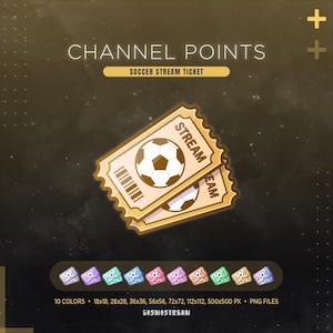 May include: Digital graphic of two soccer stream tickets, each with a soccer ball design. The tickets are tan with the word "STREAM" printed on them. The image also includes the text "CHANNEL POINTS" and "SOCCER STREAM TICKET".