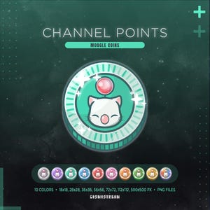 May include: A digital graphic featuring a teal and white circular design with a cartoon cat face and the text "CHANNEL POINTS" and "MOOGLE COINS". Below are 10 color variations of the design. The image includes the text "10 COLORS" and various pixel dimensions.