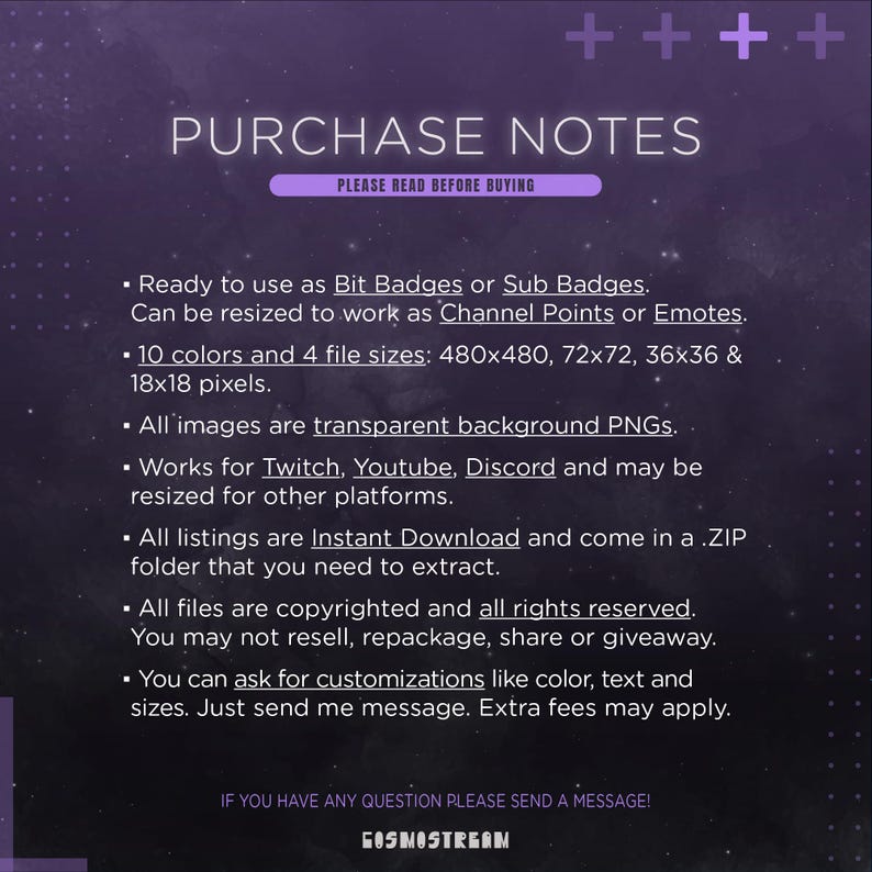 May include: A purple and white graphic with the text "PURCHASE NOTES" and a list of details about digital products, including file sizes, usage, and customization options. The image is for digital badges and emotes.