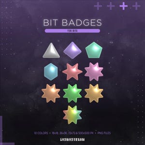 May include: A collection of colorful, geometric bit badges in various shapes, including triangles, diamonds, and stars. The image features the text "BIT BADGES" and "Y2K BITS". The badges come in 10 colors and are available in multiple sizes, including 18x18, 36x36, 72x72, and 500x500 pixels.