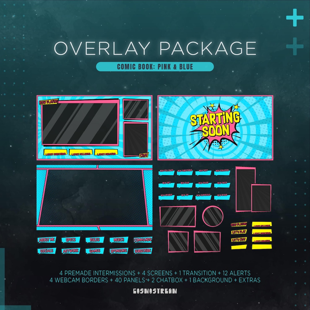 Funimate Overlay Blue & Pink Comic Twitch Overlay Package | Animated Stream Bundle ...