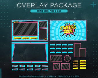 Blue & Pink Comic Twitch Overlay Package | Animated Stream Bundle | Comic Book Stream Overlay