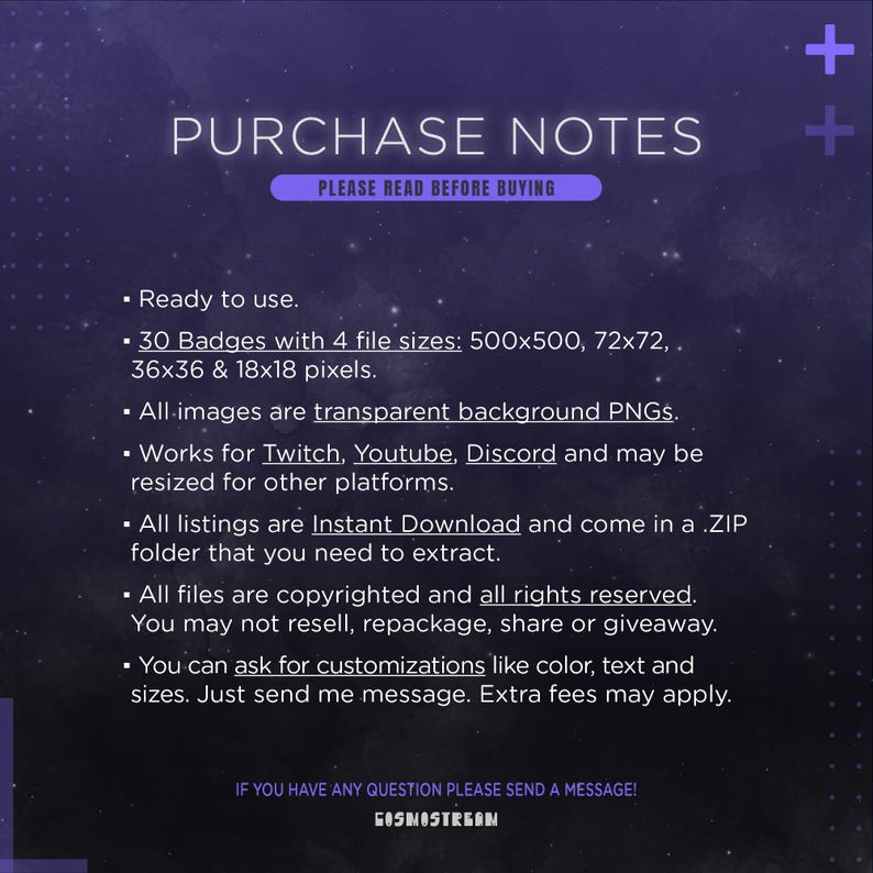 May include: A digital information graphic with a dark purple galaxy-themed background featuring the text PURCHASE NOTES and PLEASE READ BEFORE BUYING. It lists details for 30 badges in 500x500, 72x72, 36x36, and 18x18 pixel sizes as transparent PNG files.