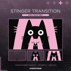 Black & Pink Cat Family Twitch Stinger Transition for Kawaii Streamers and Vtubers