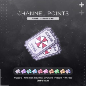 Könnte beinhalten: Digitalgrafik von zwei stilisierten Tickets mit dem Text "STREAM" und einem rot-weißen Regenschirm-Logo. Die Tickets sind hellviolett mit einem Barcode und tragen die Aufschrift "CHANNEL POINTS" und "UMBRELLA STREAM TICKET". Enthält 10 Farbvarianten und verschiedene Größen.