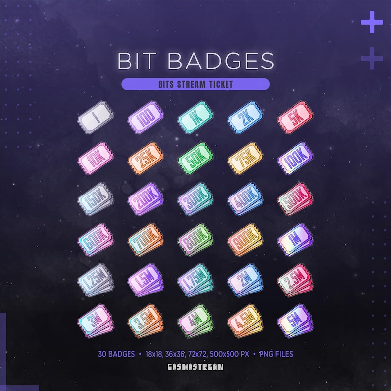 May include: A collection of 30 digital bit badges shaped like tickets, featuring various colors and numerical values ranging from 1 to 5M. The text BIT BADGES and BITS STREAM TICKET appears at the top, with 30 BADGES 18x18, 36x36, 72x72, 500x500 PX PNG FILES at the bottom.