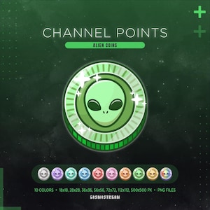 May include: A digital graphic featuring a green alien coin with the text "CHANNEL POINTS" and "ALIEN COINS". The coin has a green alien face in the center, surrounded by a light green border. Below are ten color variations of the coin.