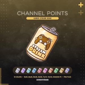 Könnte beinhalten: Digitalgrafik einer beigefarbenen Dose mit der Aufschrift "CHANNEL POINTS" und "GAMER STREAM DRINK". Die Dose zeigt ein braunes Gamecontroller-Design und die Worte "STREAM DRINK". Darunter befinden sich 10 Farbvarianten der Dose.