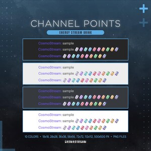 Może przedstawiać: Grafika z tekstem "CHANNEL POINTS" i "ENERGY STREAM DRINK". Prezentuje rzędy kolorowych ikon puszek z napojami, każda oznaczona jako "CosmoStream: sample". Zawiera r&oacute;żne rozmiary w pikselach i tekst "PNG FILES".