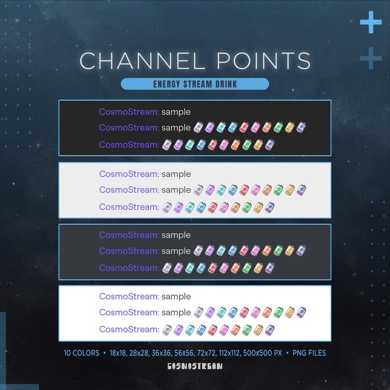 Może przedstawiać: Grafika z tekstem "CHANNEL POINTS" i "ENERGY STREAM DRINK". Prezentuje rzędy kolorowych ikon puszek z napojami, każda oznaczona jako "CosmoStream: sample". Zawiera r&oacute;żne rozmiary w pikselach i tekst "PNG FILES".
