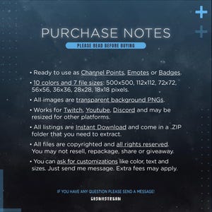 Może przedstawiać: Grafika cyfrowa z tekstem "PURCHASE NOTES" i "PLEASE READ BEFORE BUYING". Notatki szczeg&oacute;łowo opisują użycie produktu jako punkt&oacute;w kanału, emotikon&oacute;w lub odznak, z 10 kolorami i 7 rozmiarami plik&oacute;w. Określa przezroczyste pliki PNG, kompatybilność z Twitch, YouTube i Discord oraz natychmiastowe pobieranie.