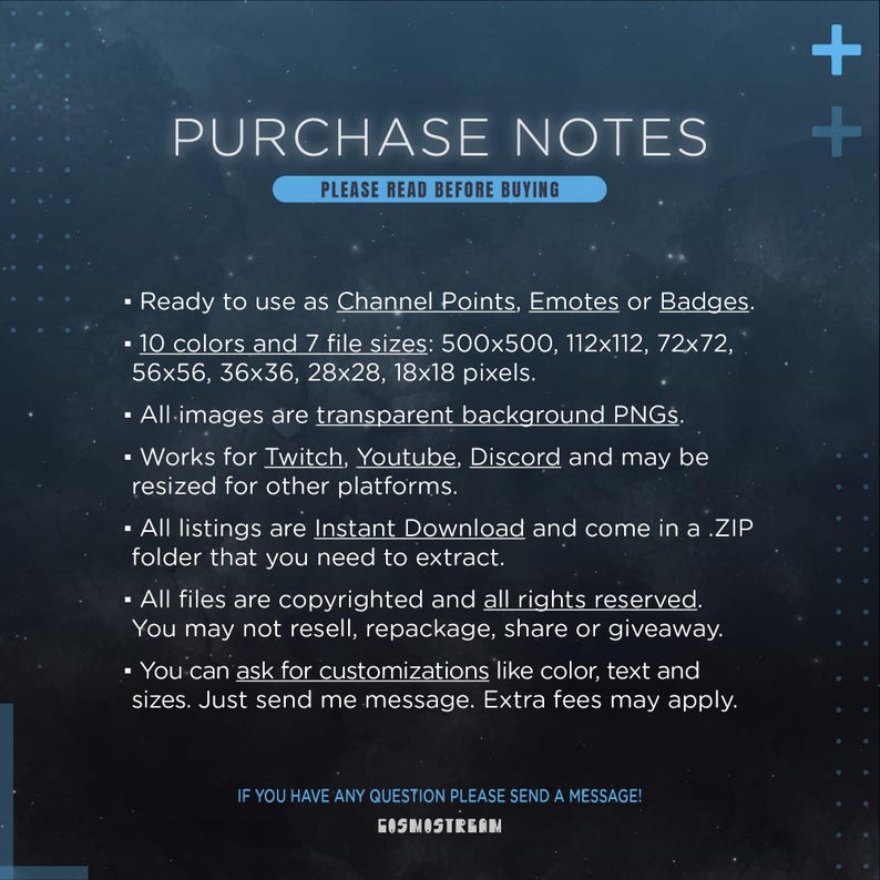 Może przedstawiać: Grafika cyfrowa z tekstem "PURCHASE NOTES" i "PLEASE READ BEFORE BUYING". Notatki szczeg&oacute;łowo opisują użycie produktu jako punkt&oacute;w kanału, emotikon&oacute;w lub odznak, z 10 kolorami i 7 rozmiarami plik&oacute;w. Określa przezroczyste pliki PNG, kompatybilność z Twitch, YouTube i Discord oraz natychmiastowe pobieranie.