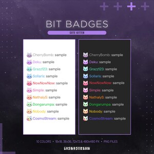 May include: A digital graphic showcasing "Bit Badges" with a "Cute Kitten" theme. The image displays two columns of kitten-themed badges in various colors, each labeled with a unique name and the word "sample". The image includes text indicating the badges are available in 10 colors and multiple sizes.