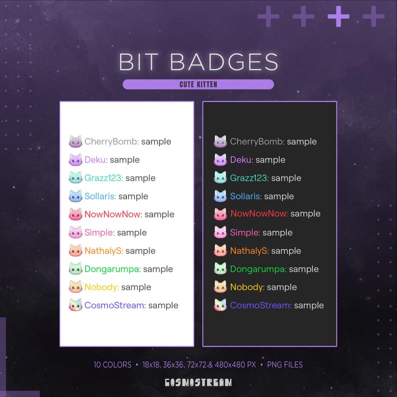 May include: A digital graphic showcasing "Bit Badges" with a "Cute Kitten" theme. The image displays two columns of kitten-themed badges in various colors, each labeled with a unique name and the word "sample". The image includes text indicating the badges are available in 10 colors and multiple sizes.