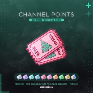 Könnte beinhalten: Rosa Stream-Tickets für den Weihnachtsbaum mit einem grünen Weihnachtsbaum-Design. Auf den Tickets steht das Wort "STREAM". Das Bild enthält auch den Text "CHANNEL POINTS" und "CHRISTMAS TREE STREAM TICKET".