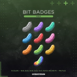 May include: A set of colourful pickle-shaped bit badges. The badges are in various colours, including grey, purple, teal, blue, red, pink, orange, green, and yellow, with a rainbow-coloured pickle at the bottom. The text "BIT BADGES" and "PICKLES" are at the top.