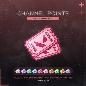 Può includere: Design del biglietto Valorant Stream rosa con il testo "CHANNEL POINTS" e "VALORANT STREAM TICKET". L'immagine include 10 varianti di colore del design del biglietto, con varie dimensioni e tipi di file.