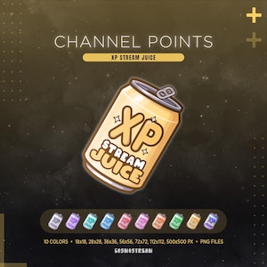 May include: A digital graphic featuring a cartoon-style can of "XP Stream Juice" with the text "Channel Points." The can is light yellow with the words "XP Stream Juice" and star accents. Below are 10 color variations of the can.