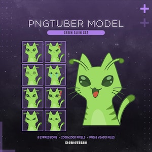 Può includere: Un modello PNGTuber di gatto alieno verde con otto espressioni diverse. L'immagine include il testo "PNGTUBER MODEL" e "GREEN ALIEN CAT". L'immagine include anche il testo "8 EXPRESSIONS • 2000x2000 PIXELS • PNG & VEADO FILES • COSMOSTREAM".