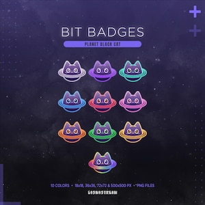 Black Cat Planet Twitch Badges | Space Galaxy Bit & Sub Badges | Celestial Cat Twitch Stream
