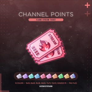 Op de afbeelding: Roze digitale tickets met een vlamontwerp en de woorden "STREAM" en "EAM". De tekst "CHANNEL POINTS" en "FLAME STREAM TICKET" staat bovenaan. Bevat 10 kleuropties en verschillende formaten in PNG-bestanden.