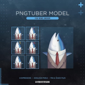 May include: A PNGtuber model featuring a fish news anchor character wearing a brown suit, white shirt, and red tie. The graphic includes six distinct facial expressions, 2000x2000 pixels, and PNG and Veado files. The text reads PNGTUBER MODEL.