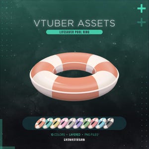 Könnte beinhalten: Eine digitale Grafik eines Rettungsrings mit abwechselnden pfirsichfarbenen und weißen Segmenten. Der Text lautet VTUBER ASSETS, LIFESAVER POOL RING, 10 COLORS, LAYERED, PNG FILES und COSMOSTREAM. Eine Reihe von zehn kleinen Rettungsringen ist abgebildet.