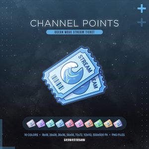 Op de afbeelding: Twee lichtblauwe digitale tickets met het label CHANNEL POINTS en OCEAN WAVE STREAM TICKET, voorzien van een golfpictogram en streepjescode. Hieronder toont een rij 10 kleurvariaties van het ticket, met tekst die 10 kleuren en pixelgroottes aangeeft.
