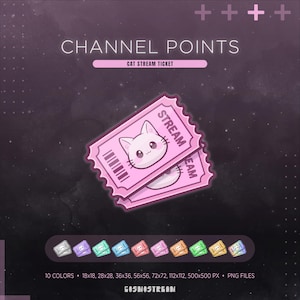 Könnte beinhalten: Digitales Bild von zwei rosa Tickets mit einem Katzenkopf und dem Wort "STREAM". Der Text "CHANNEL POINTS" und "CAT STREAM TICKET" stehen oben. Enthält 10 Farboptionen und verschiedene Größen.