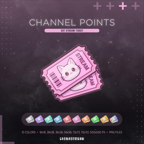 Points de chaîne Twitch Ticket pour chat mignon - 10 couleurs - Fonctionnent également comme émoticônes ou badges