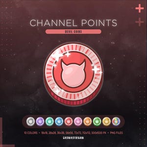 Puede incluir: Gráfico digital con una moneda de diablo roja y rosa con el texto "CHANNEL POINTS" y "DEVIL COINS". La moneda tiene una silueta de diablo en el centro y está rodeada de estrellas blancas. Incluye 10 variaciones de color y varios tamaños.