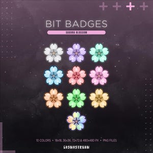 Puede incluir: Una colección de diez insignias de bits de flores de Sakura de colores en varios tonos, incluyendo blanco, morado y azul, dispuestas sobre un fondo oscuro. Los textos "BIT BADGES" y "SAKURA BLOSSOM" se muestran en la parte superior. La imagen también incluye el texto "10 COLORS" y "PNG FILES".