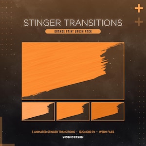 Op de afbeelding: Een digitaal grafisch ontwerp met de tekst "STINGER TRANSITIONS" en "ORANGE PAINT BRUSH PACK". Het ontwerp bevat een oranje penseelstreek en drie kleinere voorbeelden van oranje penseelstreken. De onderste tekst luidt "3 ANIMATED STINGER TRANSITIONS 1920x1080 PX WEBM FILES".