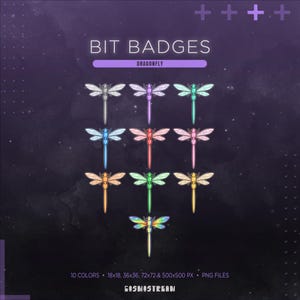 May include: A digital art graphic featuring a collection of dragonfly-themed bit badges in various colors. The image includes the text "BIT BADGES" and "DRAGONFLY". The badges are available in 10 colors and multiple sizes, including 18x18, 36x36, 72x72, and 500x500 px.