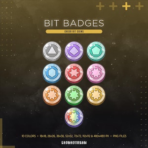 Pode incluir: Uma coleção de distintivos digitais coloridos com várias formas geométricas e designs de estrelas. Os distintivos circulares, com bordas prateadas, são rotulados como "BIT BADGES" e "CHEER BIT COINS". A imagem inclui texto indicando 10 cores e vários tamanhos de pixels.
