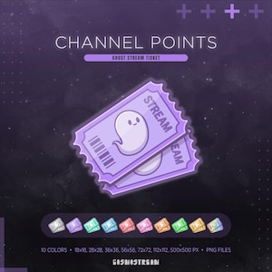 May include: Two light purple tickets with a ghost illustration and the word "STREAM". The tickets are labeled "CHANNEL POINTS" and "GHOST STREAM TICKET". The image includes a variety of color options and sizes.