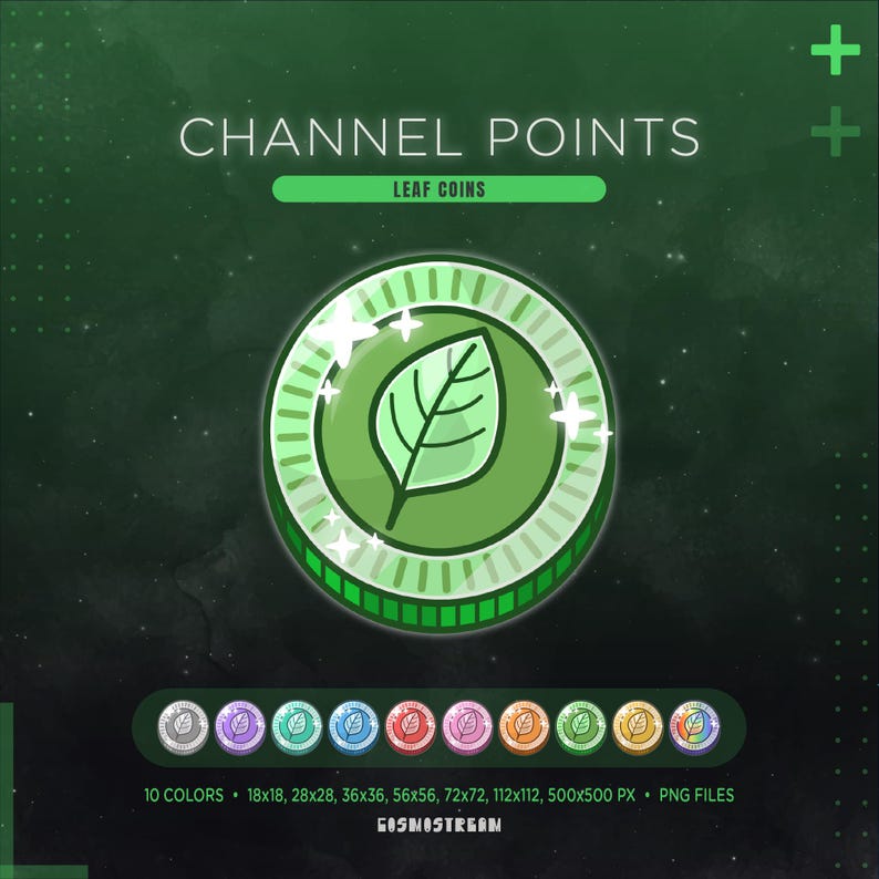 May include: A digital graphic featuring a green coin with a leaf design, labeled "CHANNEL POINTS" and "LEAF COINS." The image includes a variety of coin color options and size specifications, with the text "10 COLORS &bull; 18x18, 28x28, 36x36, 56x56, 72x72, 112x112, 500x500 PX &bull; PNG FILES."